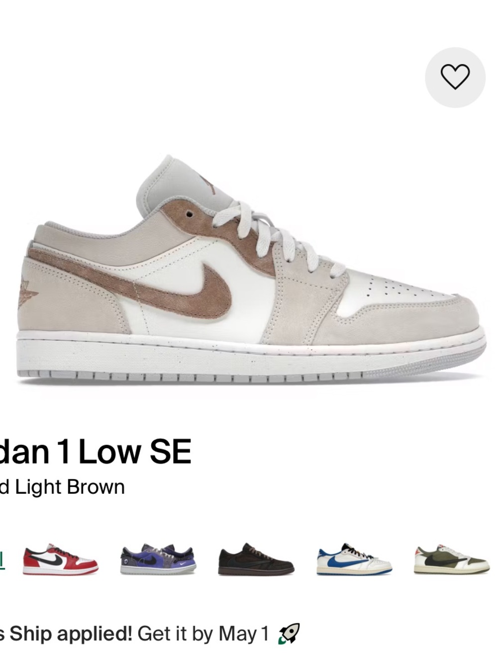 Nike Jordan 1 Low-Top Legend Light Brown Tan Sneakers in Cream and White